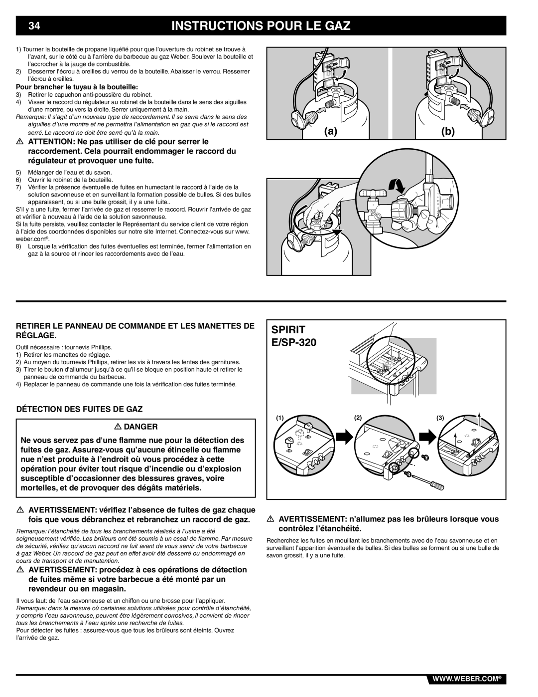 Weber 89838 manual Retirer LE Panneau DE Commande ET LES Manettes DE Réglage, Détection DES Fuites DE GAZ 