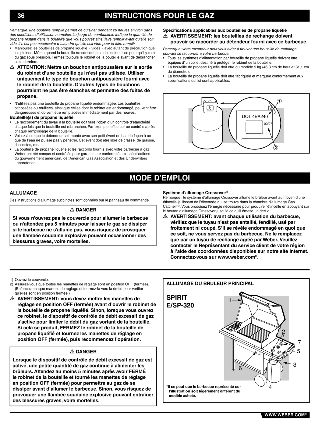 Weber 89838 Mode D’EMPLOI, Allumage DU Bruleur Principal, Bouteilles de propane liquéfié, Système d’allumage Crossover 