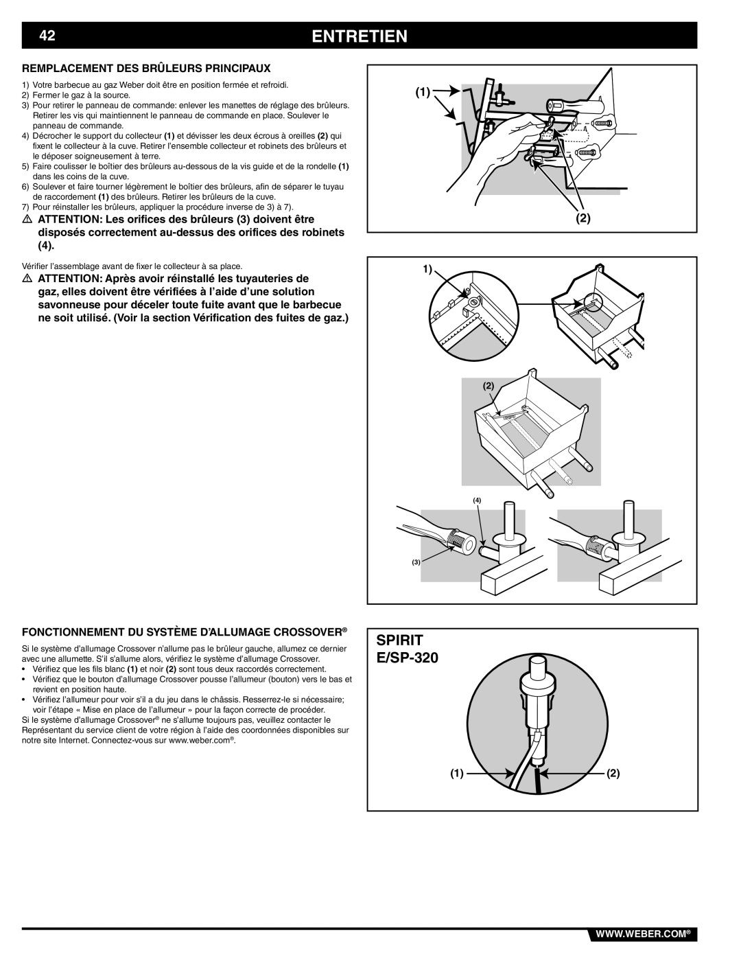 Weber 89838 manual Remplacement DES Brûleurs Principaux, Fonctionnement DU Système D’ALLUMAGE Crossover 