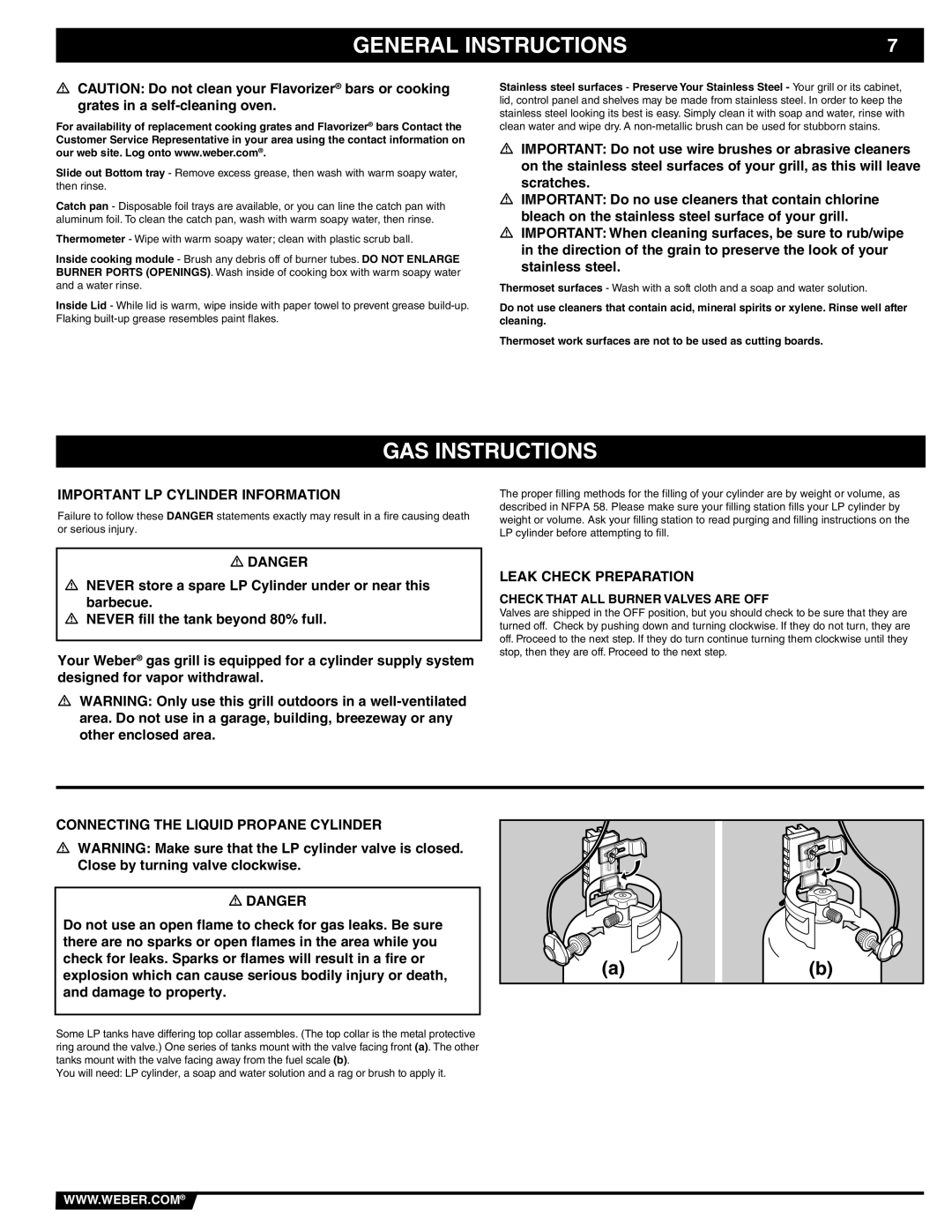 Weber 89838 manual GAS Instructions, Important LP Cylinder Information, Leak Check Preparation 