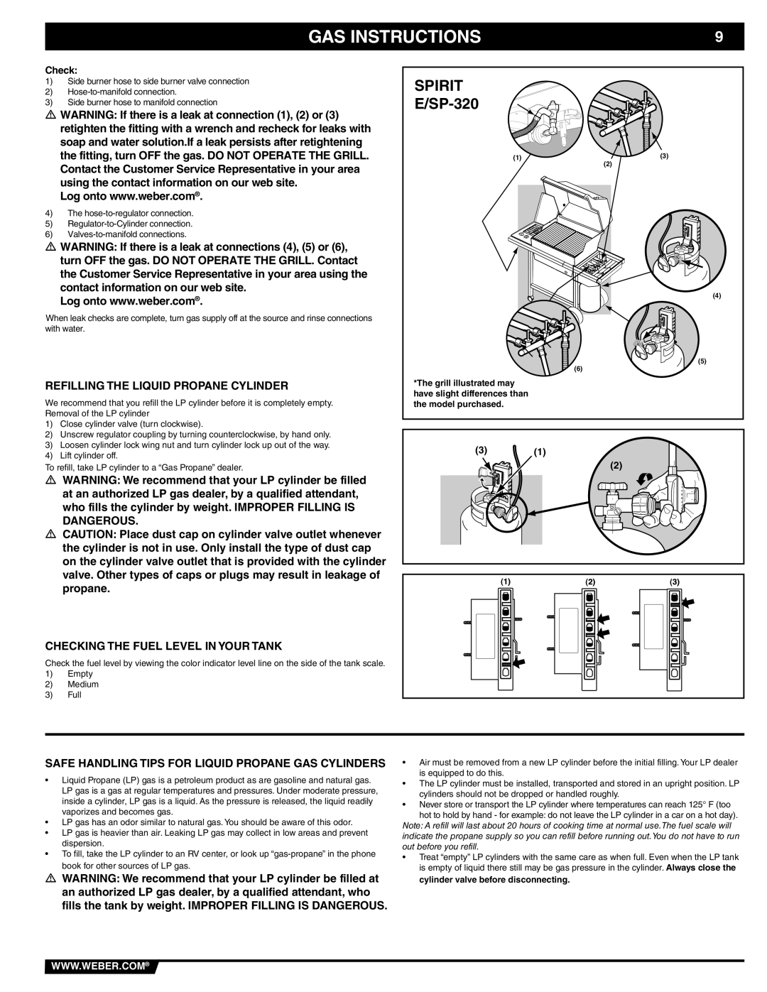 Weber 89838 manual Refilling the Liquid Propane Cylinder, Checking the Fuel Level in Your Tank 