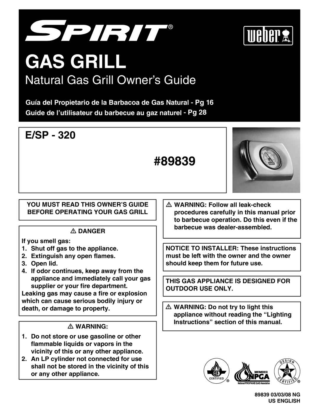 Weber 89839 manual GAS Grill 