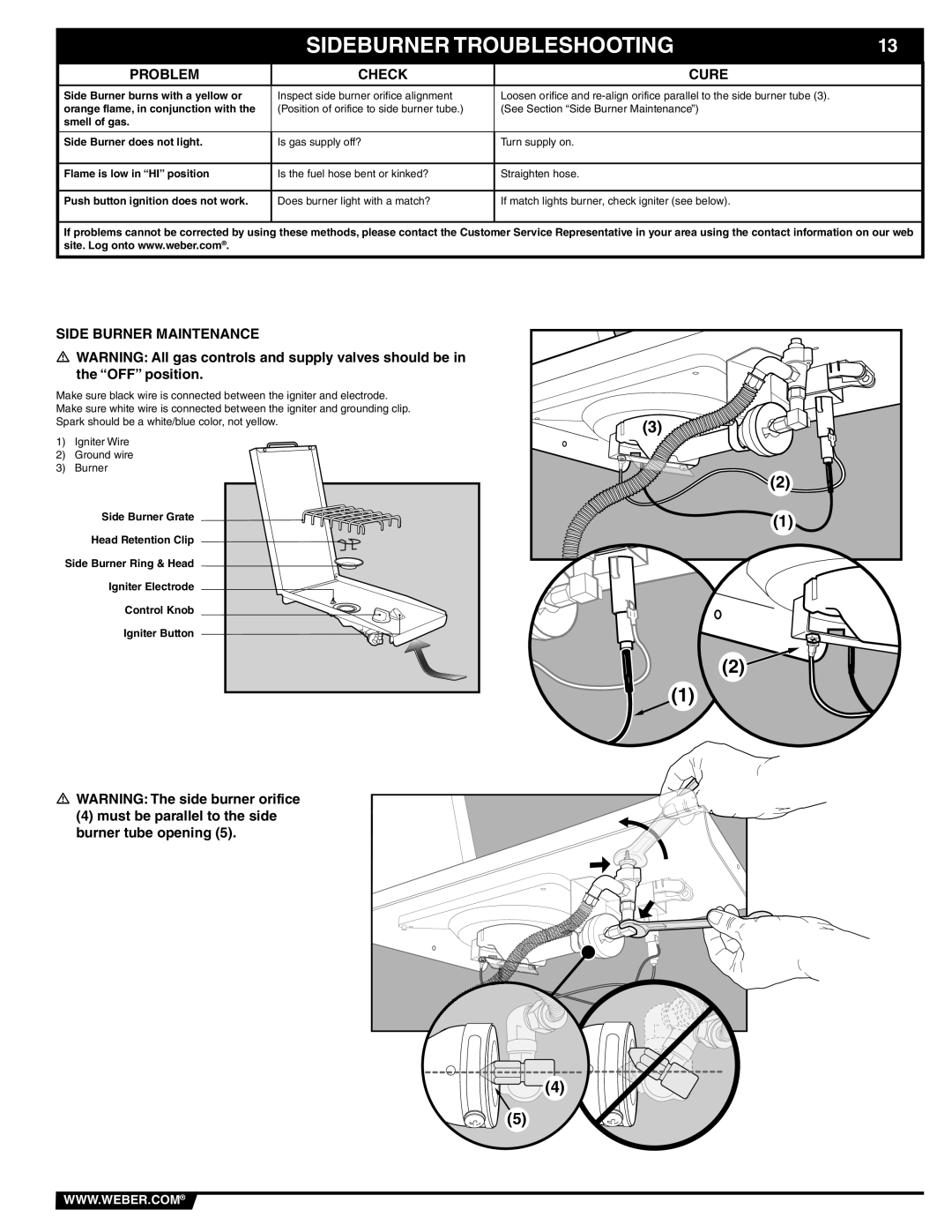 Weber 89839 manual Sideburner Troubleshooting, Side Burner Maintenance 