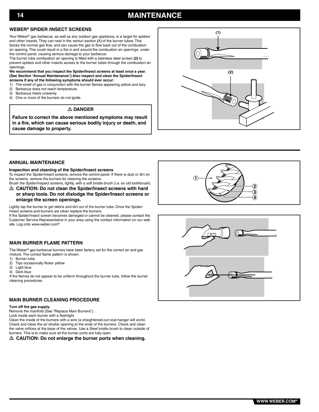 Weber 89839 manual Weber Spider /INSECT Screens, Annual Maintenance, Main Burner Flame Pattern 