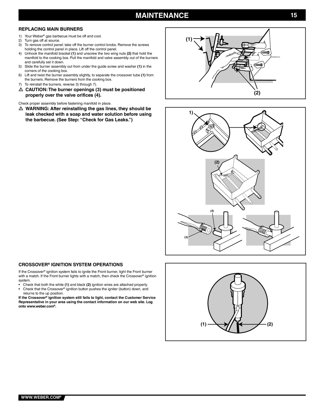 Weber 89839 manual Replacing Main Burners, Crossover Ignition System Operations 