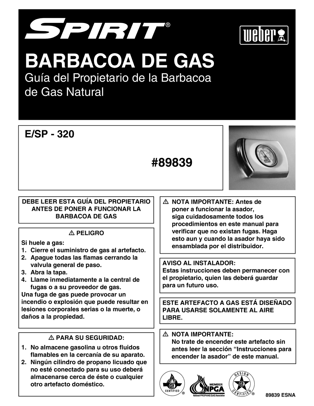 Weber 89839 manual Barbacoa DE GAS 