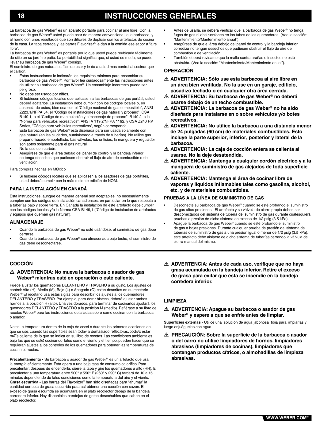 Weber 89839 manual Instrucciones Generales, Almacenaje, Operación, Cocción, Limpieza 