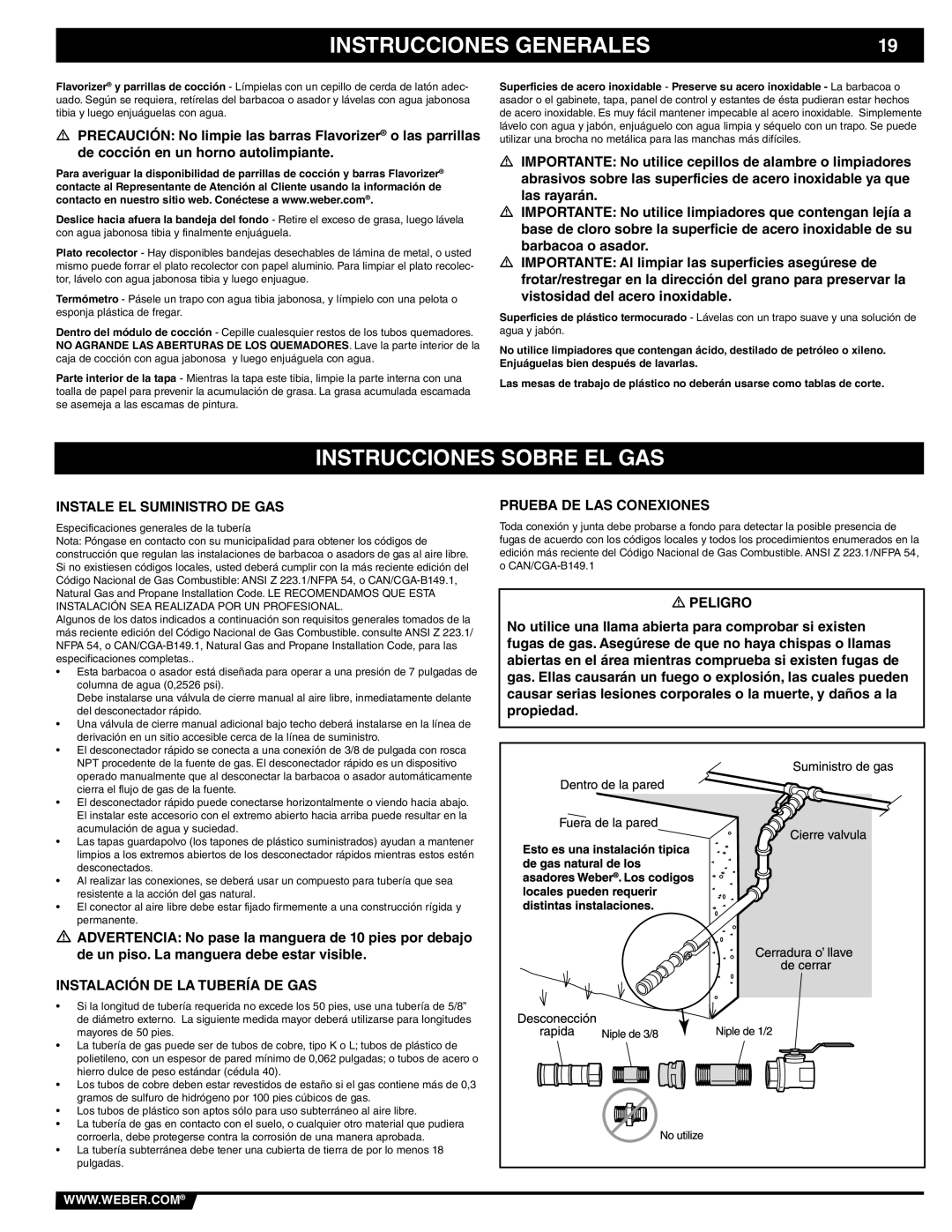 Weber 89839 manual Instrucciones Sobre EL GAS, Instale EL Suministro DE GAS, Instalación DE LA Tubería DE GAS 