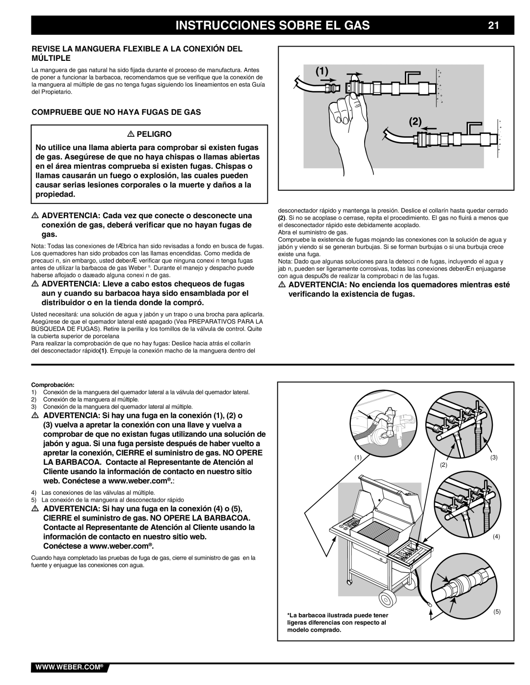 Weber 89839 manual Revise LA Manguera Flexible a LA Conexión DEL Múltiple, Compruebe QUE no Haya Fugas DE GAS Peligro 