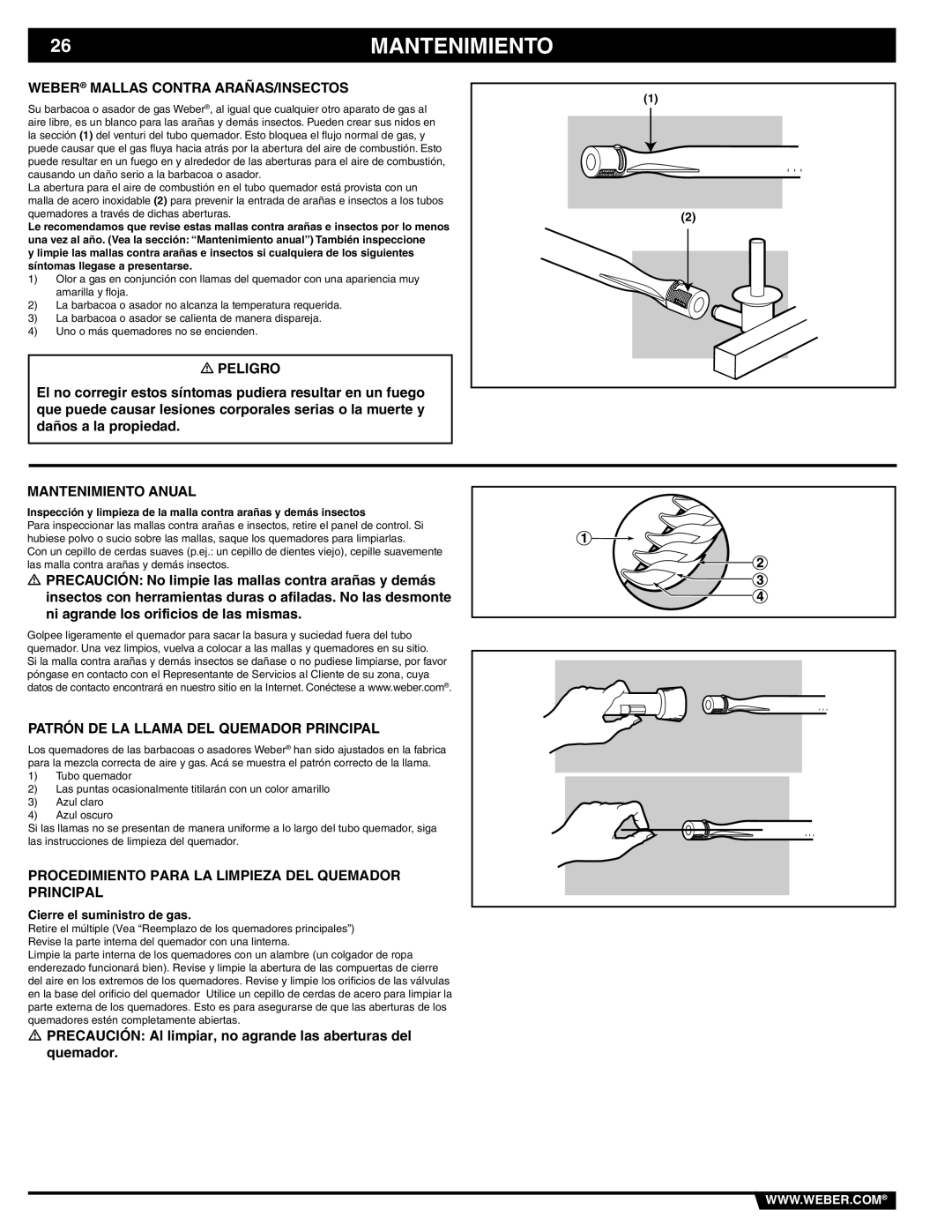 Weber 89839 manual Weber Mallas Contra ARAÑAS/INSECTOS, Mantenimiento Anual, Patrón DE LA Llama DEL Quemador Principal 