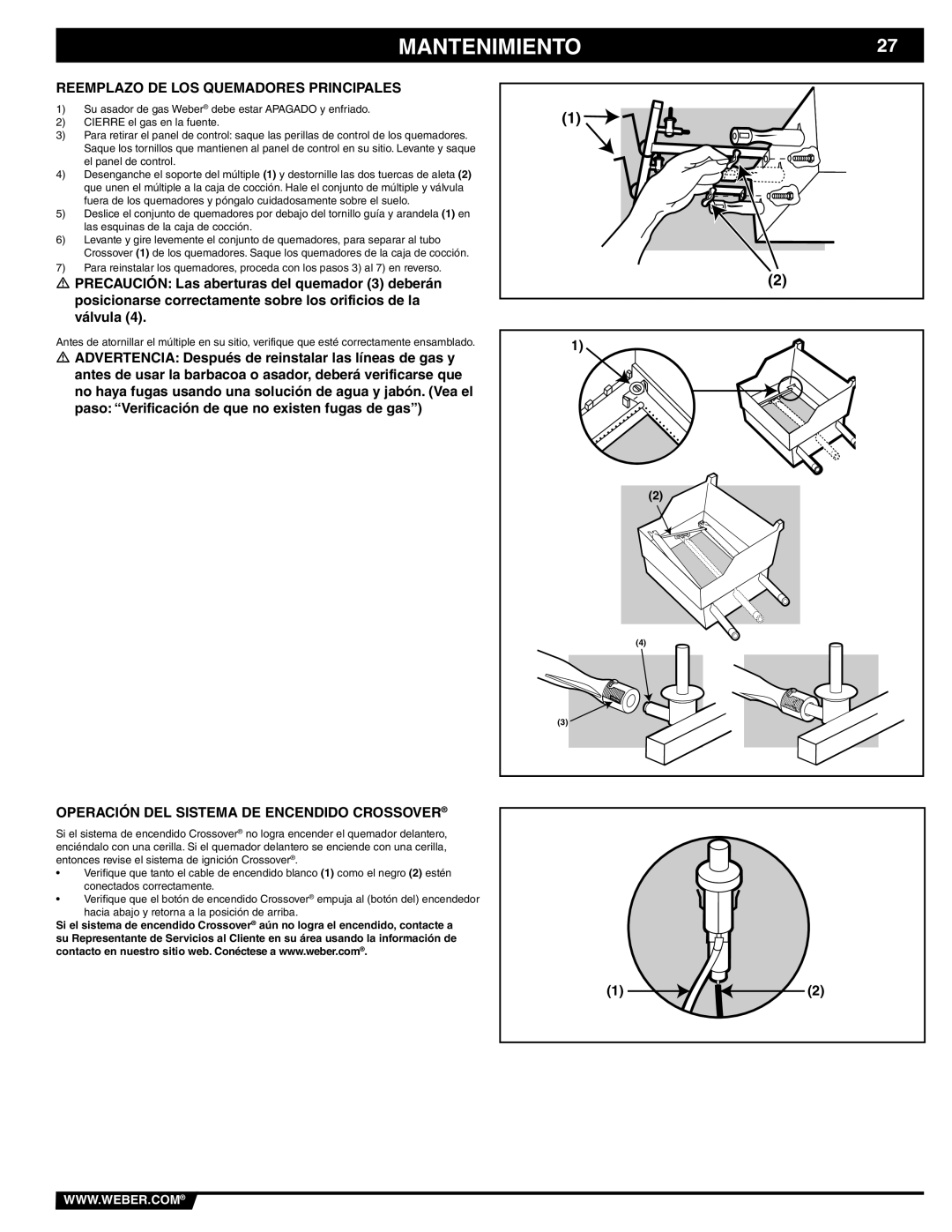 Weber 89839 manual Reemplazo DE LOS Quemadores Principales, Operación DEL Sistema DE Encendido Crossover 