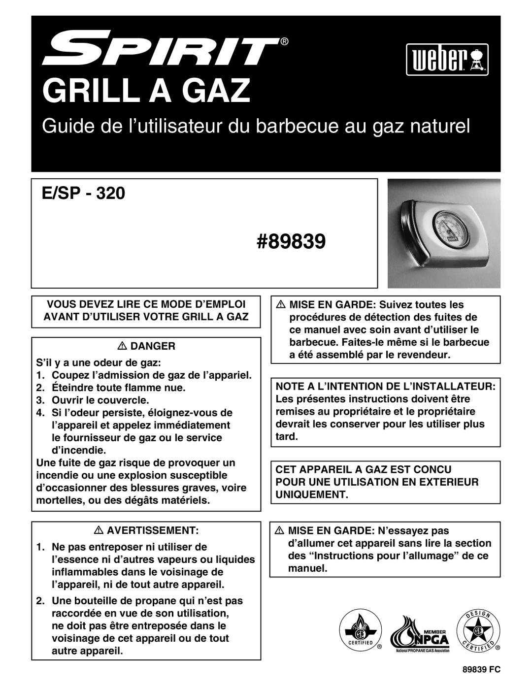 Weber 89839 manual Grill a GAZ 