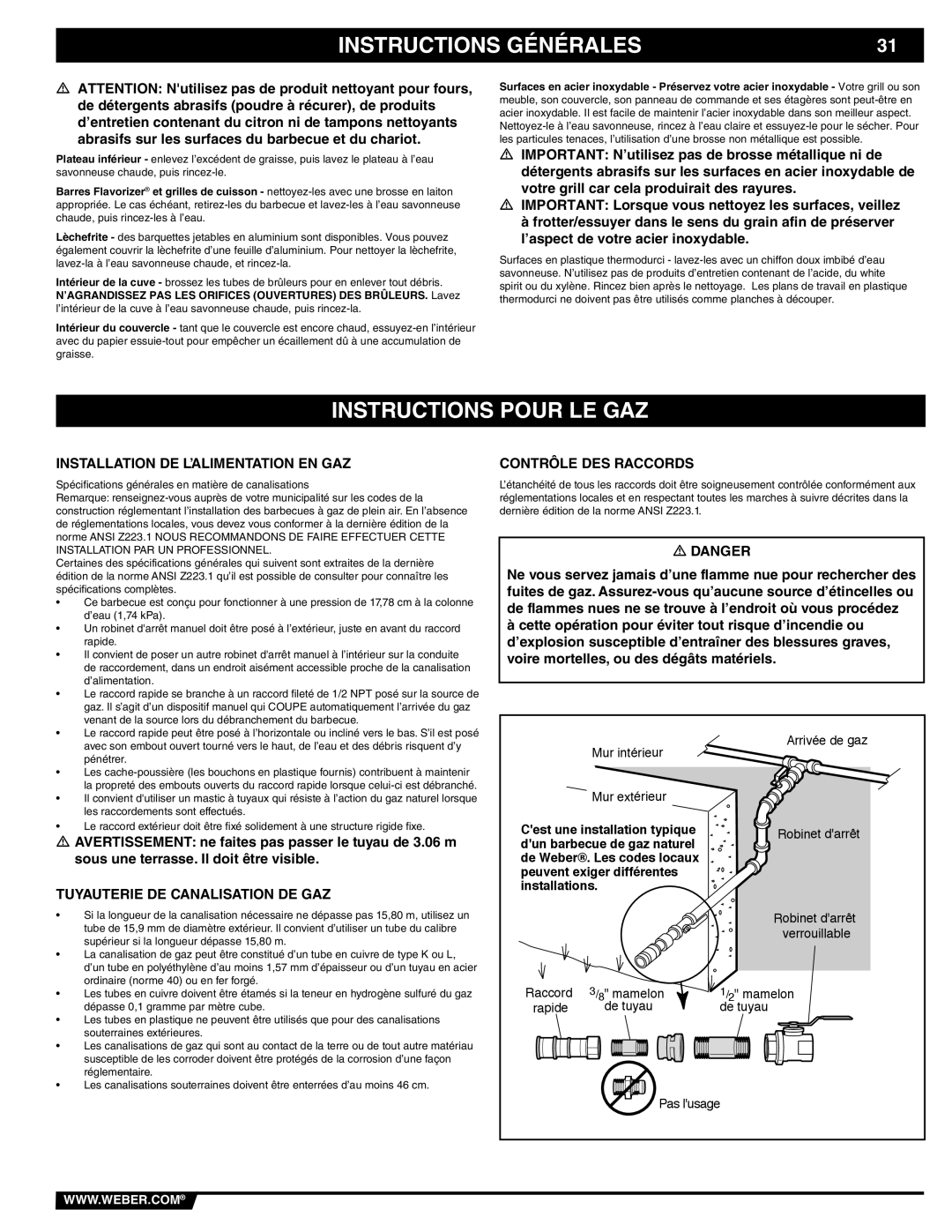 Weber 89839 manual Instructions Pour LE GAZ, Installation DE L’ALIMENTATION EN GAZ, Contrôle DES Raccords 