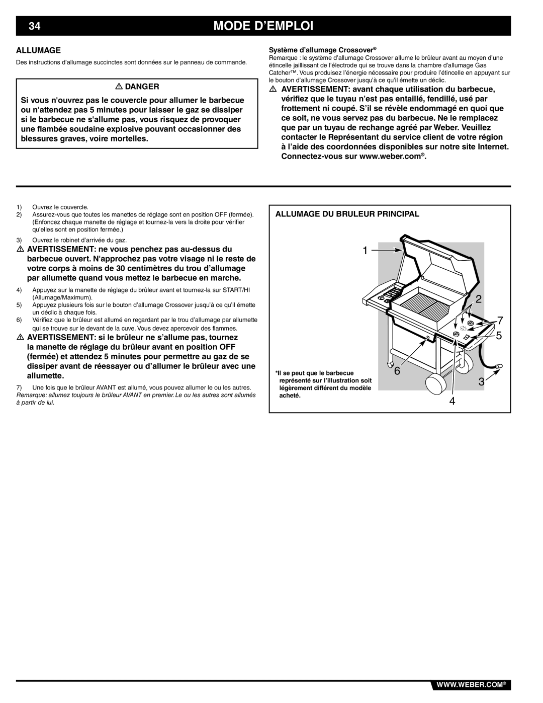 Weber 89839 manual Mode D’EMPLOI, Allumage DU Bruleur Principal 