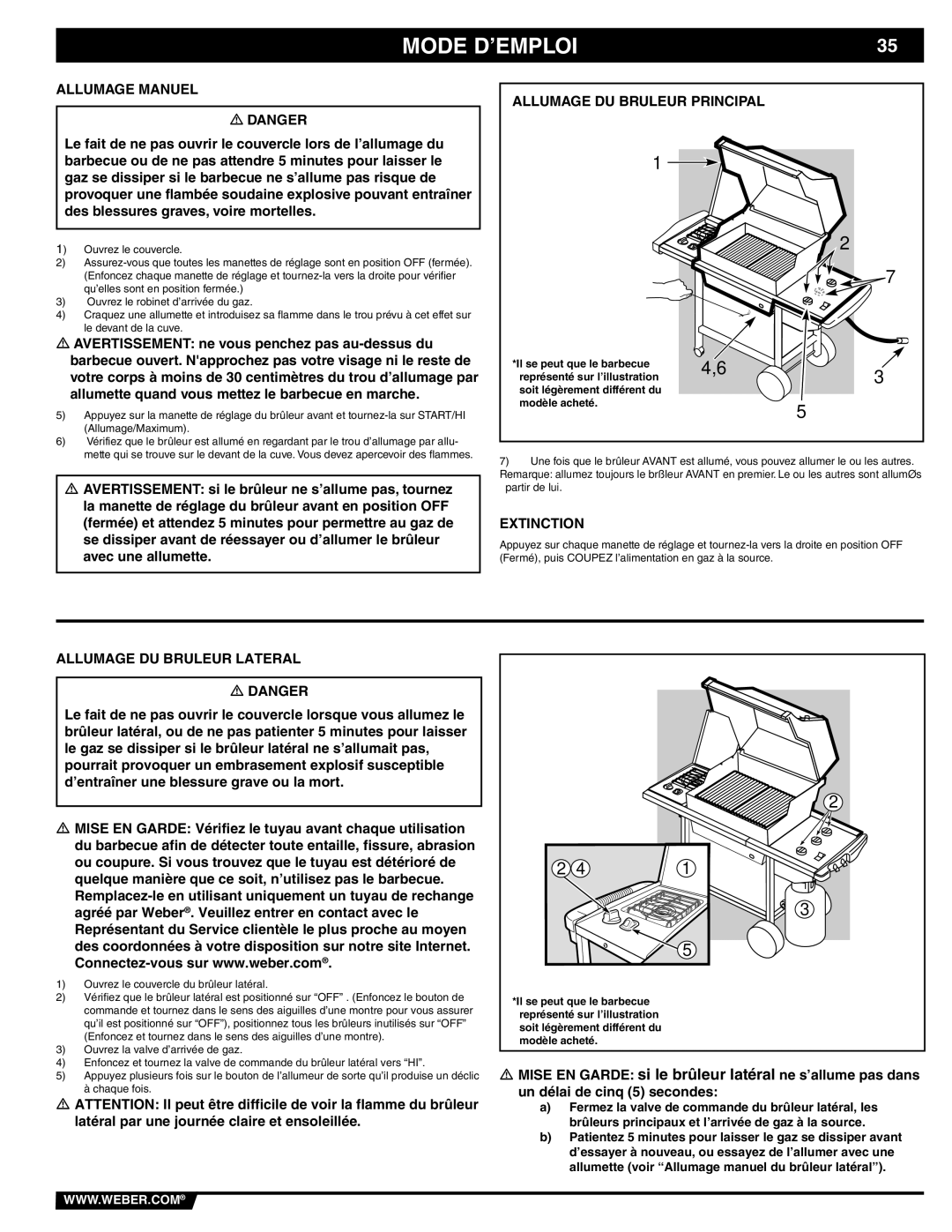 Weber 89839 manual Allumage Manuel, Extinction, Allumage DU Bruleur Lateral 