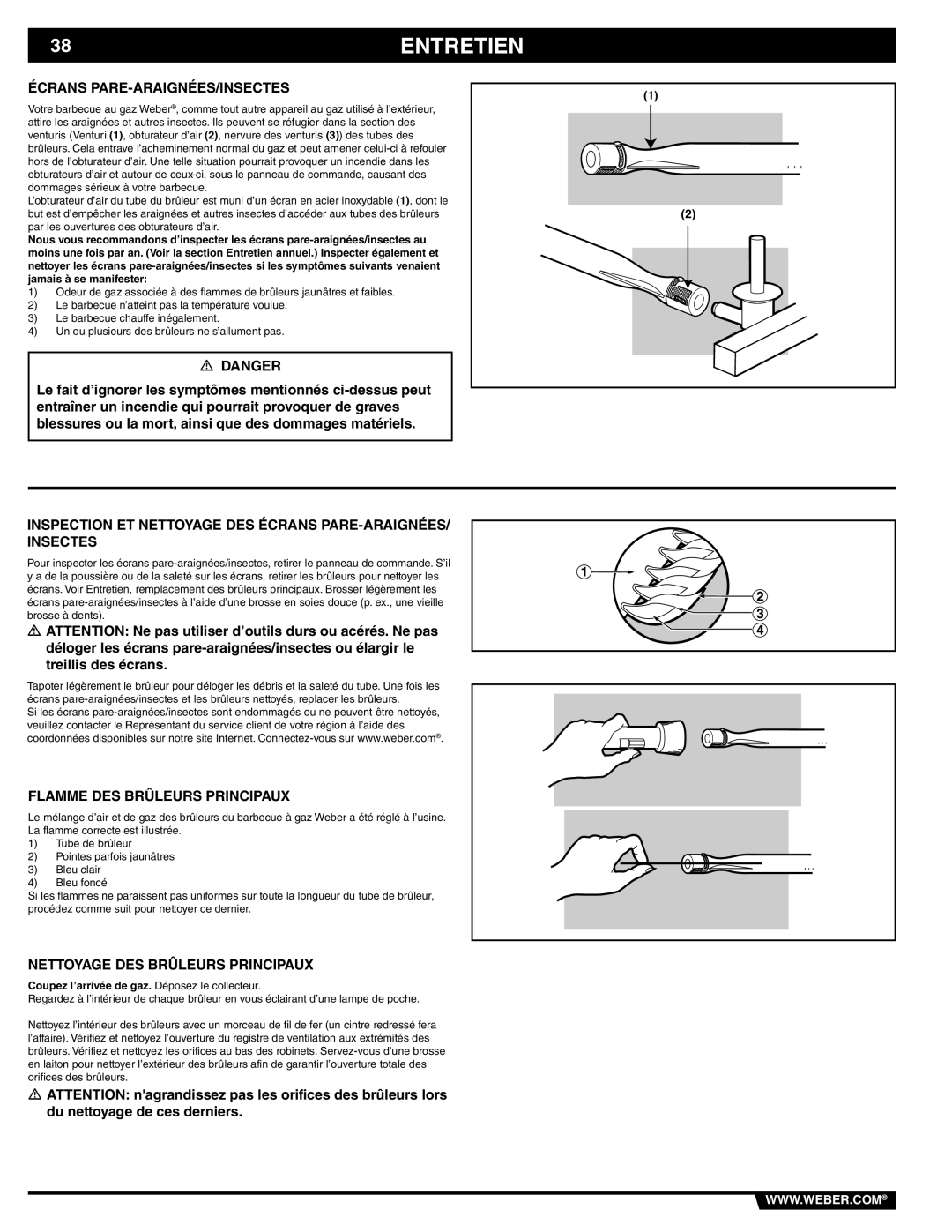 Weber 89839 manual Entretien, Écrans PARE-ARAIGNÉES/INSECTES, Inspection ET Nettoyage DES Écrans PARE-ARAIGNÉES/ Insectes 