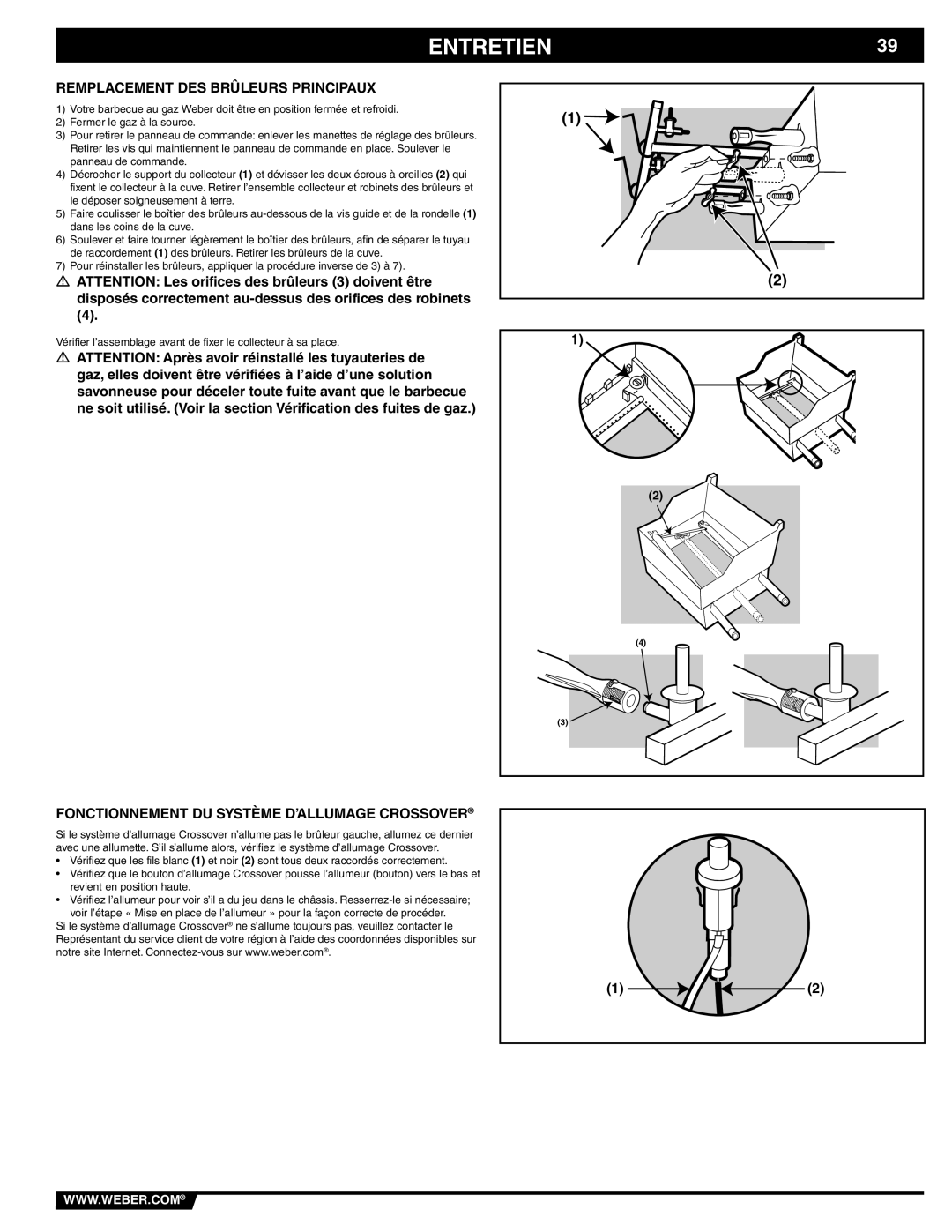 Weber 89839 manual Remplacement DES Brûleurs Principaux, Fonctionnement DU Système D’ALLUMAGE Crossover 