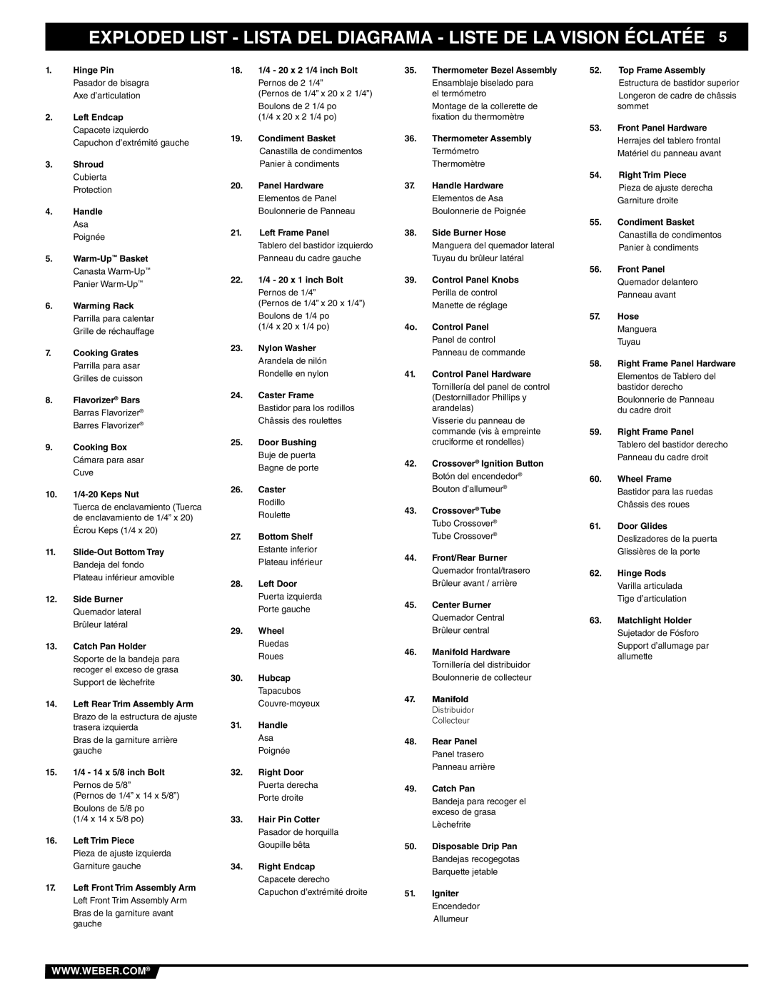 Weber 89839 manual Exploded List Lista DEL Diagrama Liste DE LA Vision Éclatée 