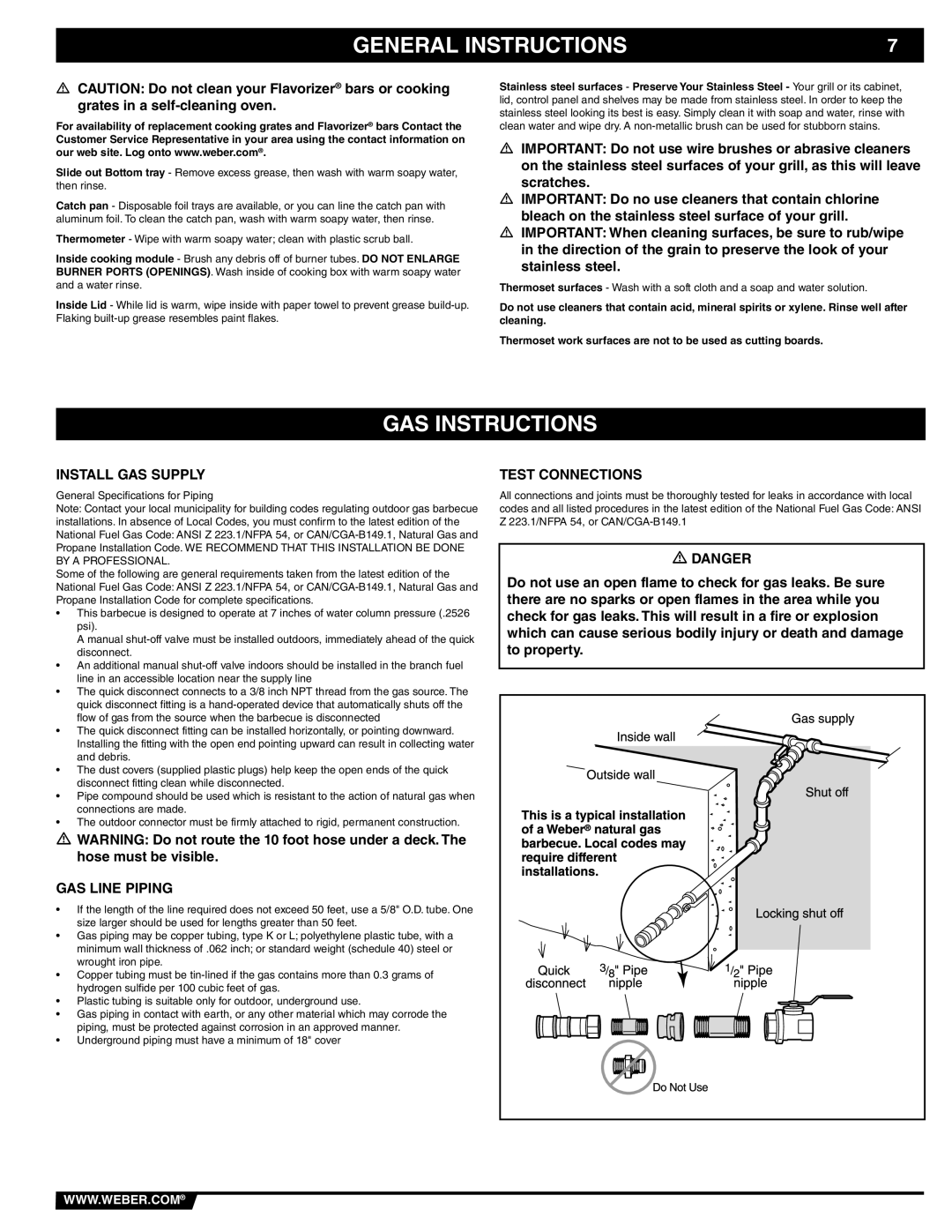 Weber 89839 manual GAS Instructions, Install GAS Supply, GAS Line Piping, Test Connections 