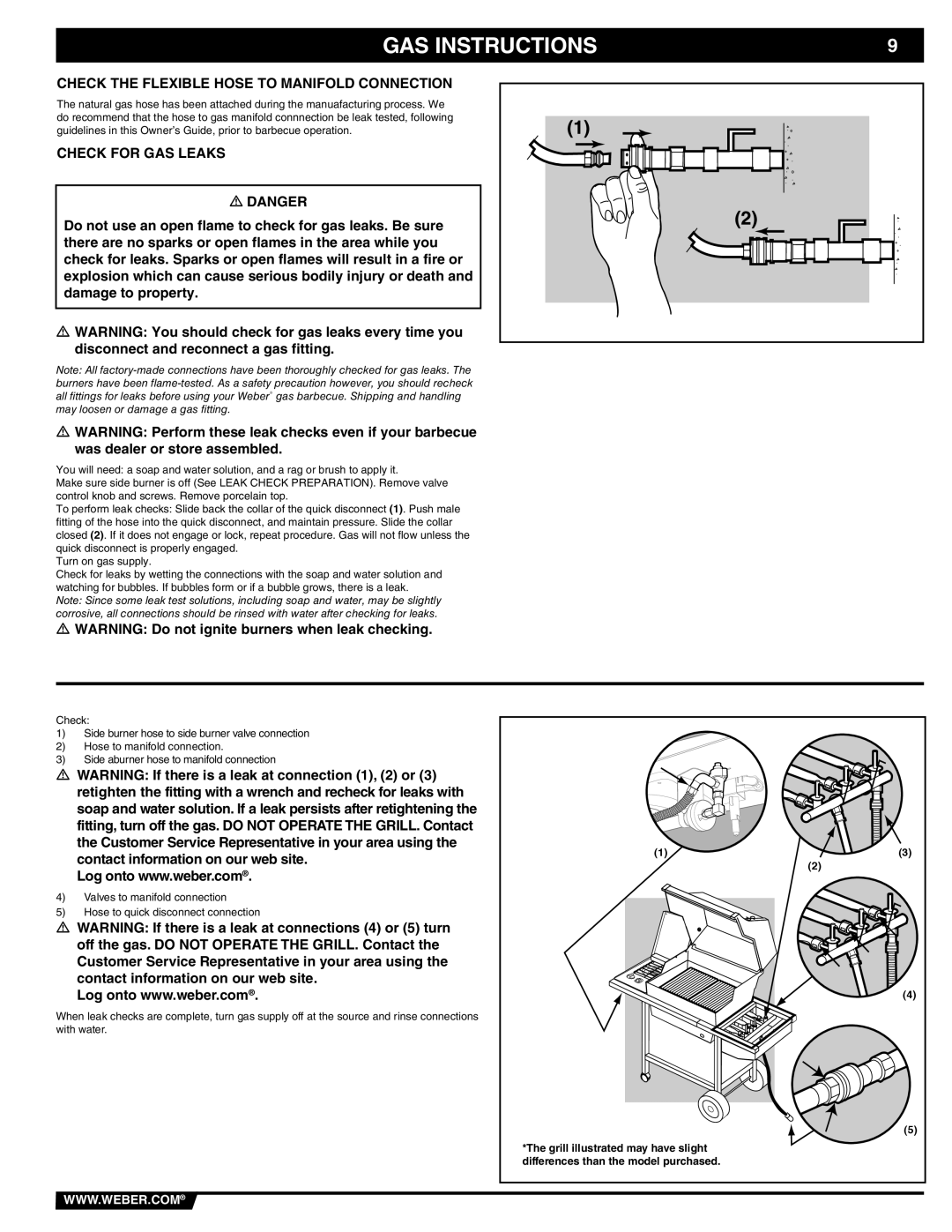 Weber 89839 manual Check the Flexible Hose to Manifold Connection, Check for GAS Leaks 