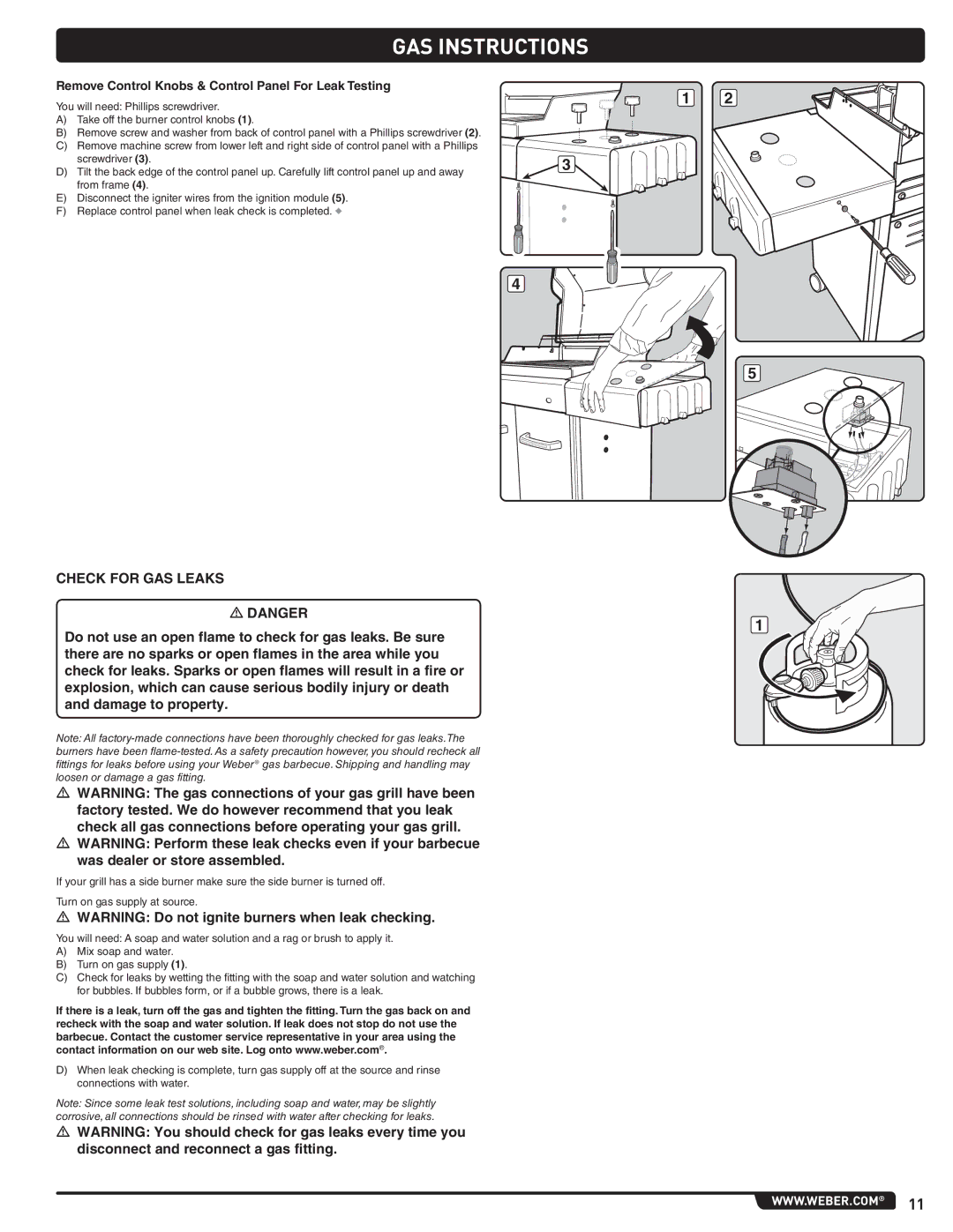 Weber 89962 manual Check for GAS Leaks, Remove Control Knobs & Control Panel For Leak Testing 