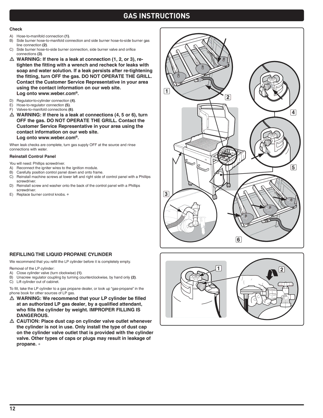 Weber 89962 manual Refilling the Liquid Propane Cylinder, Check, Reinstall Control Panel 