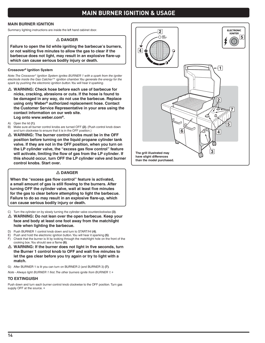 Weber 89962 manual Main Burner Ignition & Usage, To Extinguish, Crossover Ignition System 