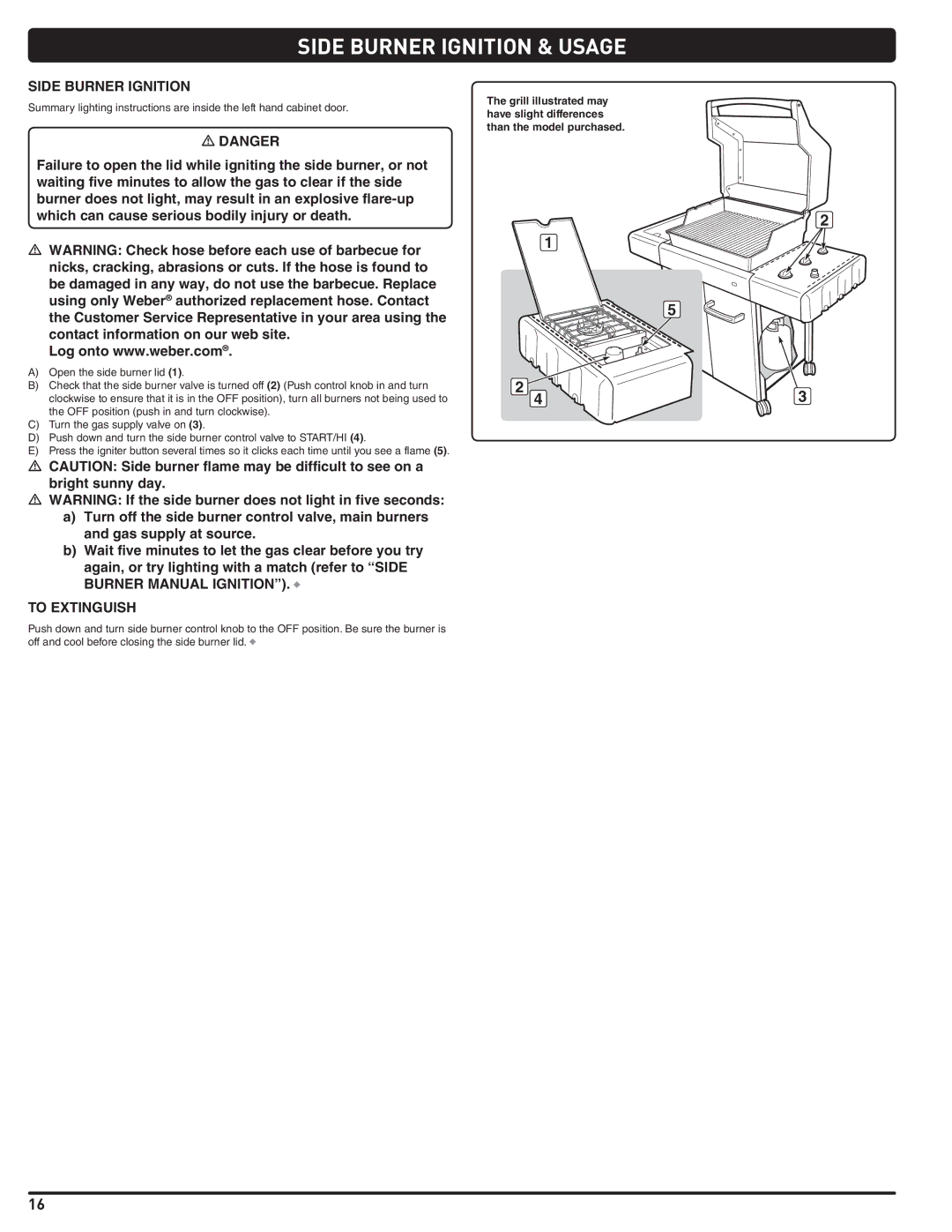 Weber 89962 manual Side Burner Ignition & Usage, Burner Manual Ignition To Extinguish 