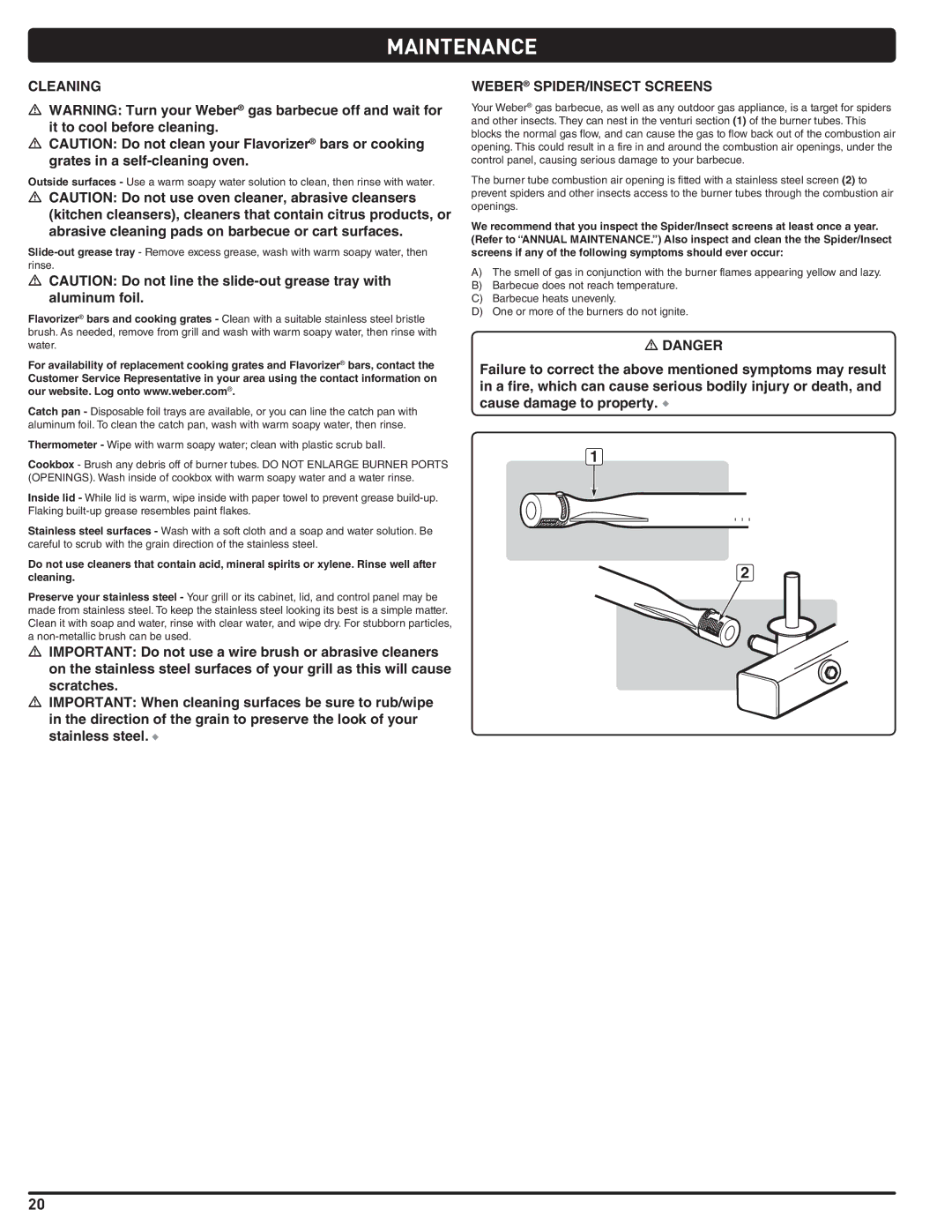 Weber 89962 manual Maintenance, Cleaning, Weber SPIDER/INSECT Screens 