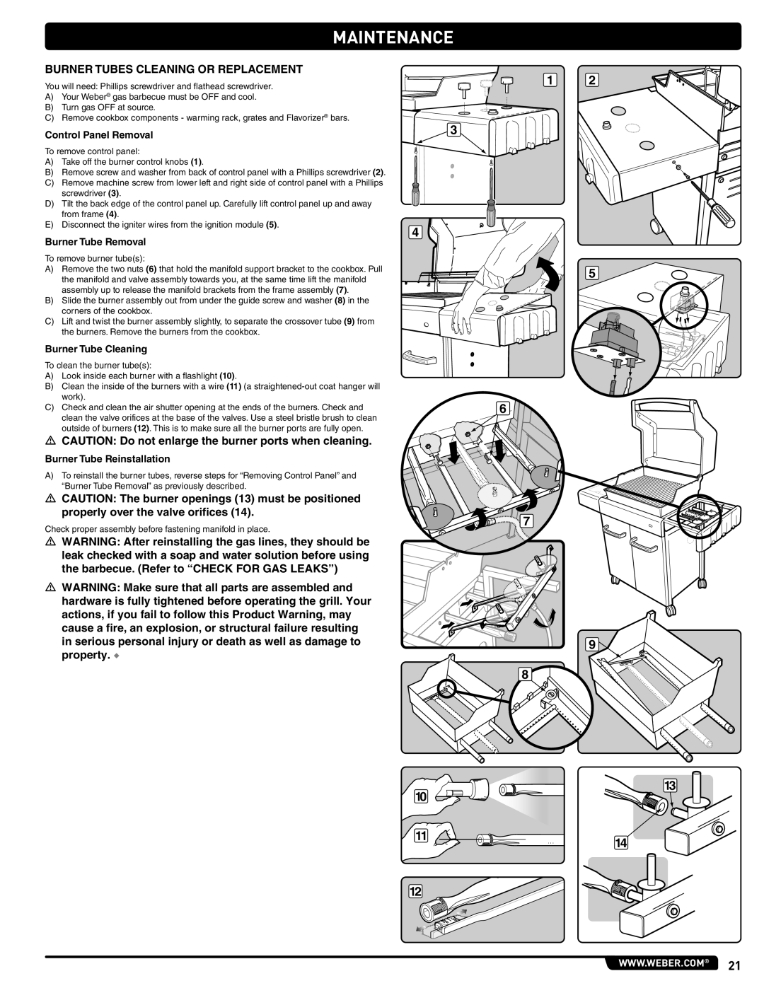 Weber 89962 manual Burner Tubes Cleaning or Replacement, Control Panel Removal, Burner Tube Removal, Burner Tube Cleaning 