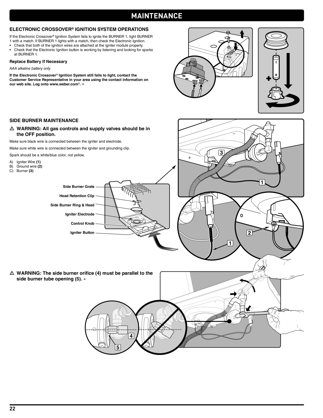 Weber 89962 manual Electronic Crossover Ignition System Operations, Side Burner Maintenance, Replace Battery If Necessary 