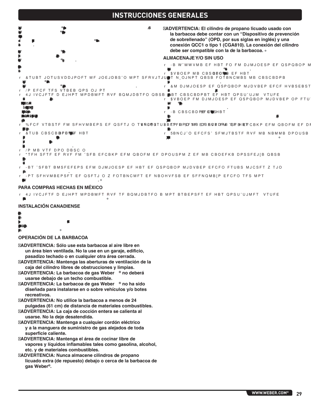 Weber 89962 manual Instrucciones Generales, Para Compras Hechas EN México, Instalación Canadiense, Operación DE LA Barbacoa 