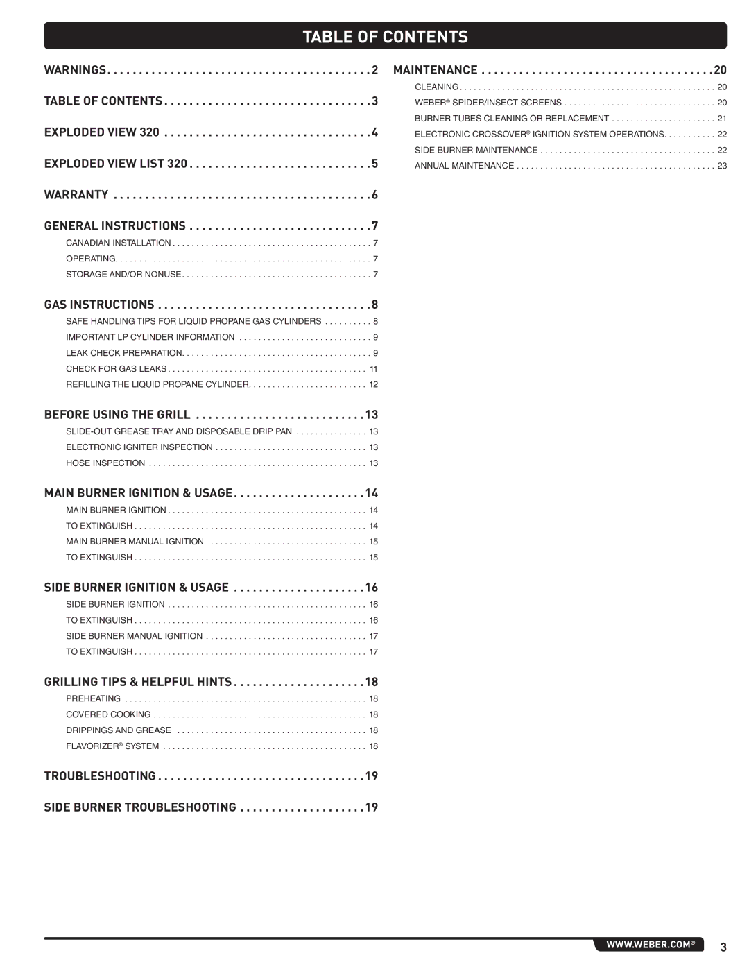 Weber 89962 manual Table of Contents 