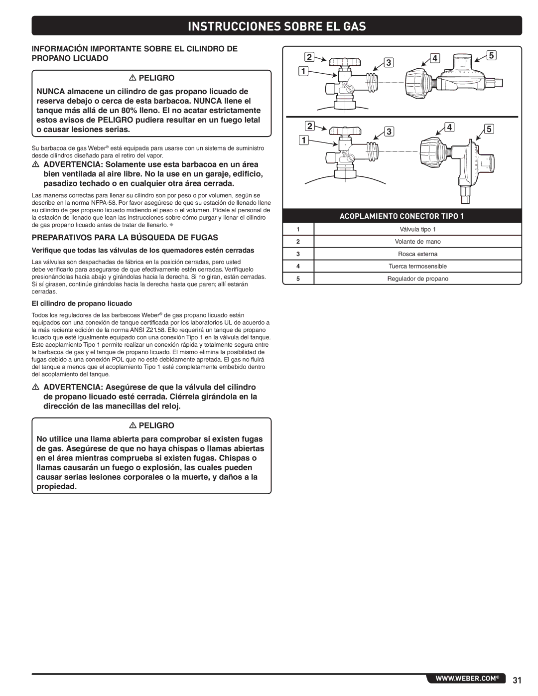 Weber 89962 manual Información Importante Sobre EL Cilindro DE Propano Licuado, Preparativos Para LA Búsqueda DE Fugas 