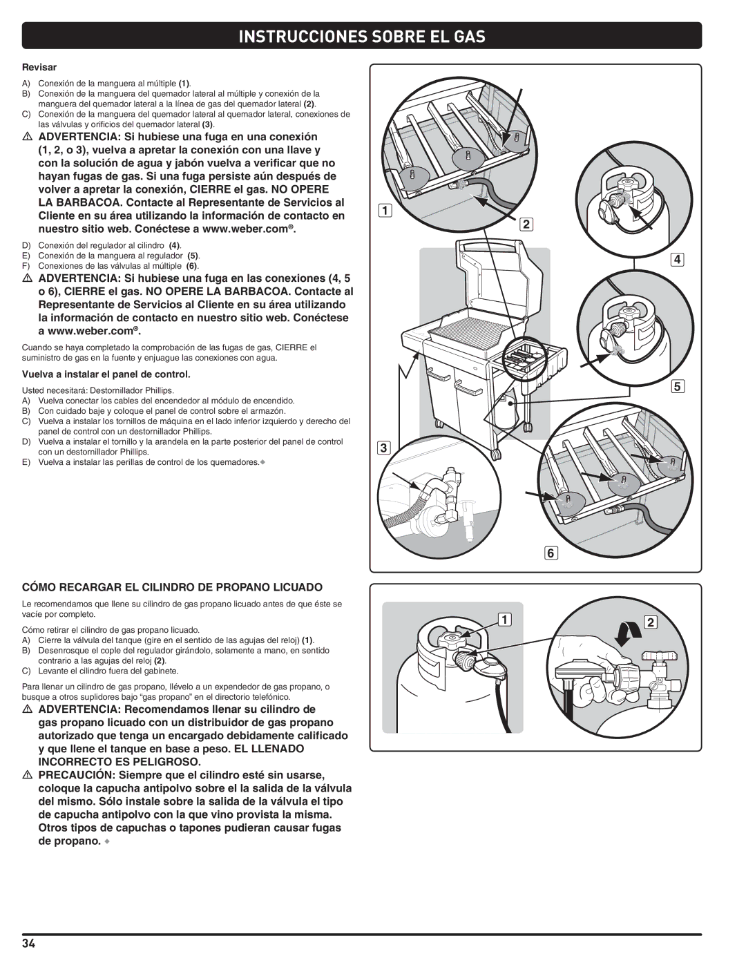 Weber 89962 manual Cómo Recargar EL Cilindro DE Propano Licuado, Revisar, Vuelva a instalar el panel de control 