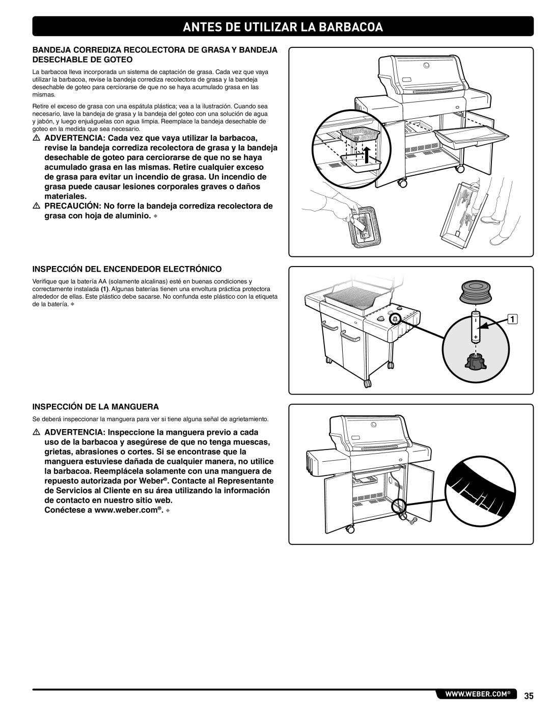 Weber 89962 manual Antes DE Utilizar LA Barbacoa, Inspección DEL Encendedor Electrónico, Inspección DE LA Manguera 