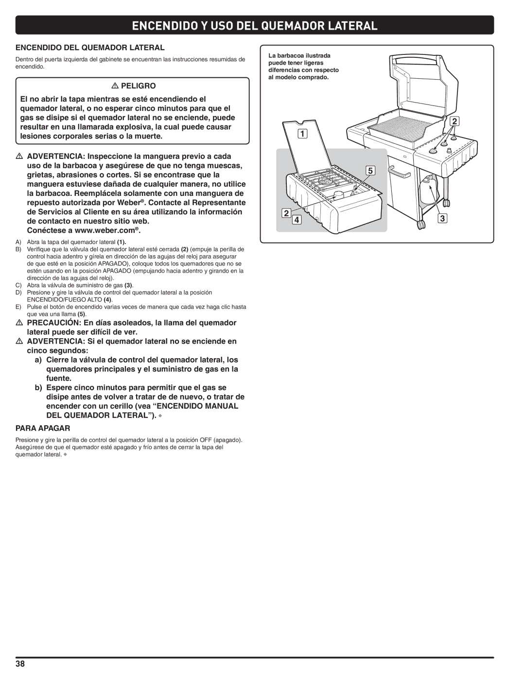 Weber 89962 manual Encendido Y USO DEL Quemador Lateral, Encendido DEL Quemador Lateral 