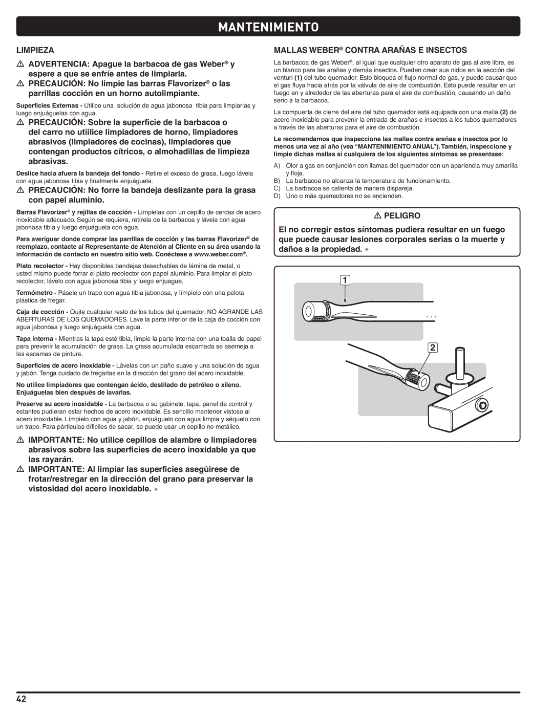 Weber 89962 manual Mantenimiento, Limpieza, Mallas Weber Contra Arañas E Insectos 