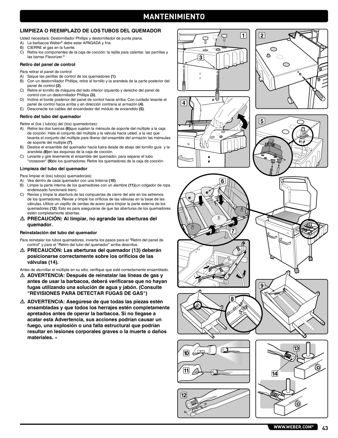 Weber 89962 manual Limpieza O Reemplazo DE LOS Tubos DEL Quemador, Revisiones Para Detectar Fugas DE GAS 