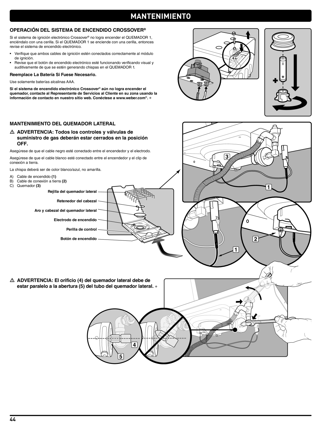 Weber 89962 manual Operación DEL Sistema DE Encendido Crossover, Mantenimiento DEL Quemador Lateral 