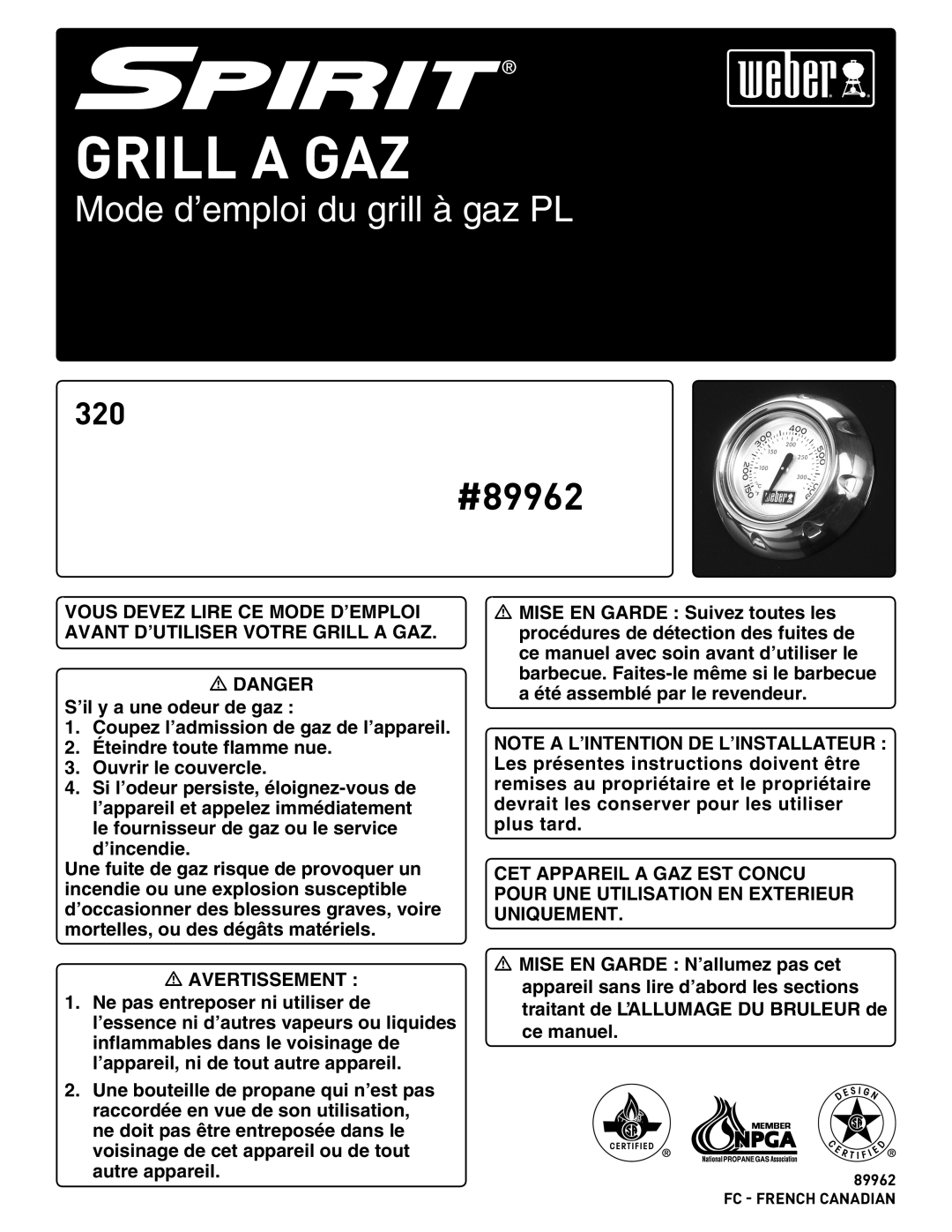 Weber 89962 manual Grill a GAZ 