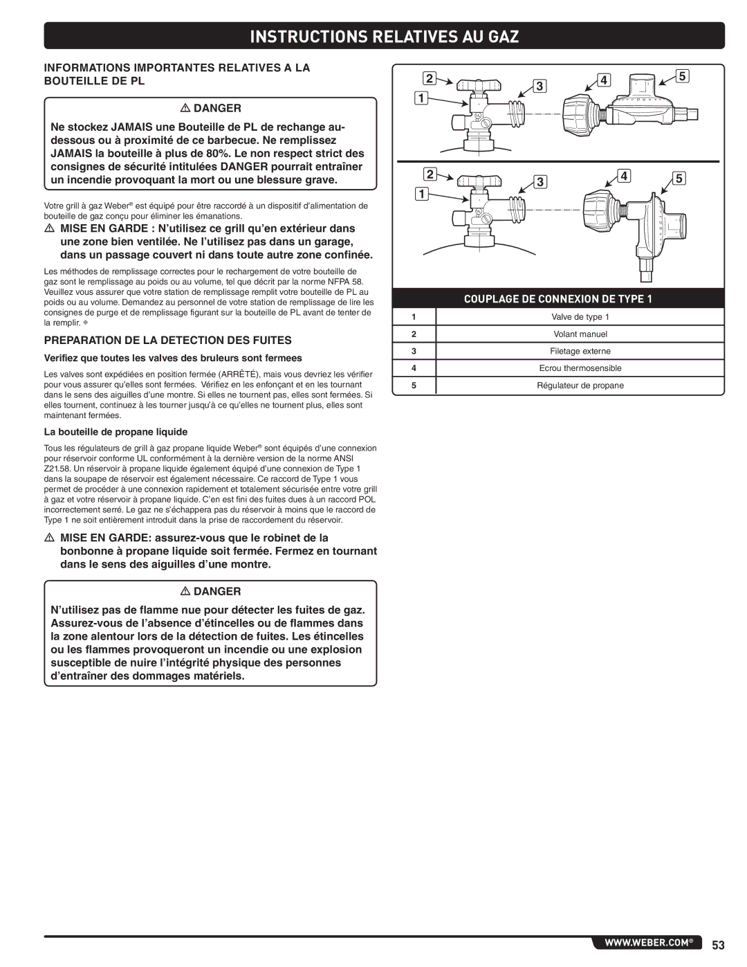 Weber 89962 manual Informations Importantes Relatives a LA Bouteille DE PL, Preparation DE LA Detection DES Fuites 