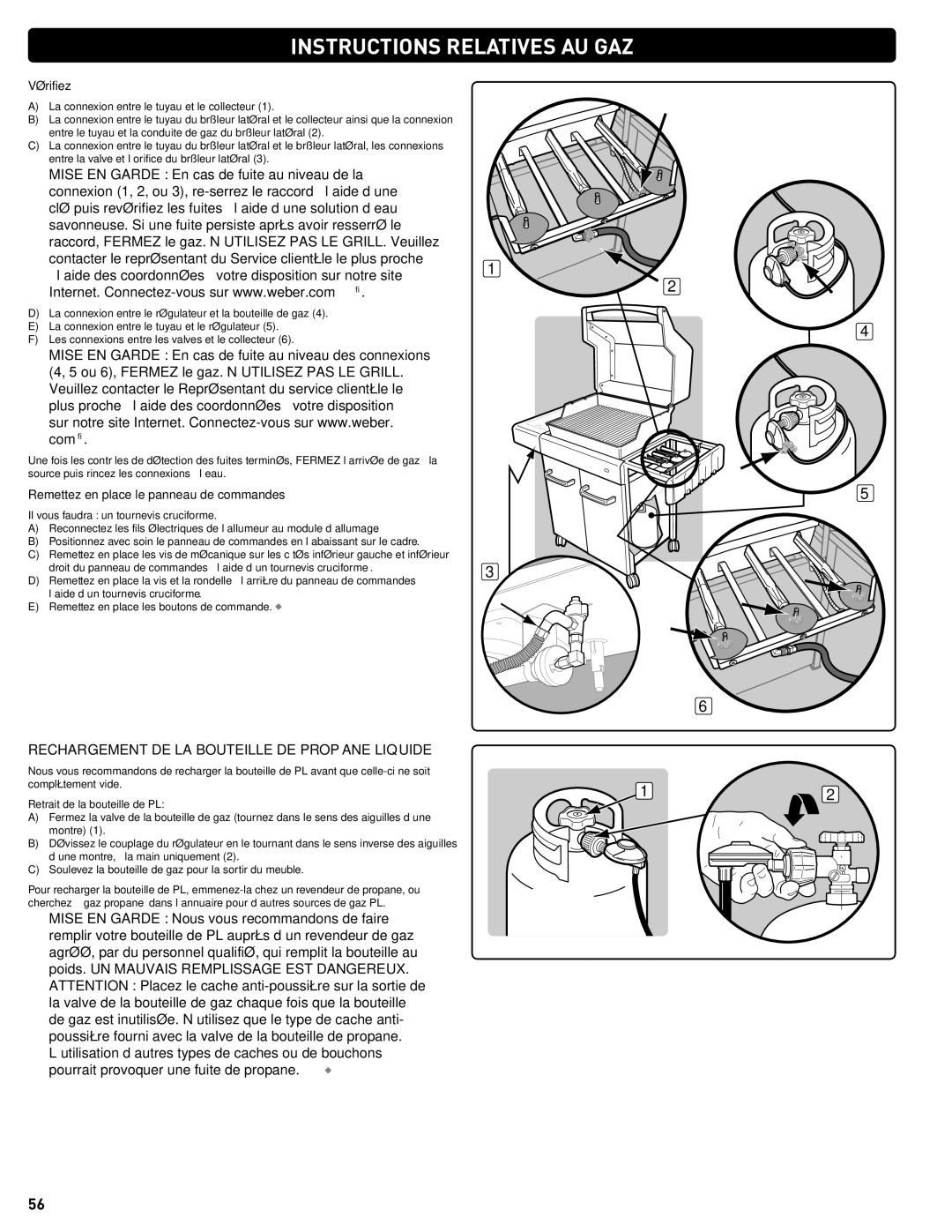 Weber 89962 manual Rechargement DE LA Bouteille DE Propane Liquide, Vérifiez, Remettez en place le panneau de commandes 