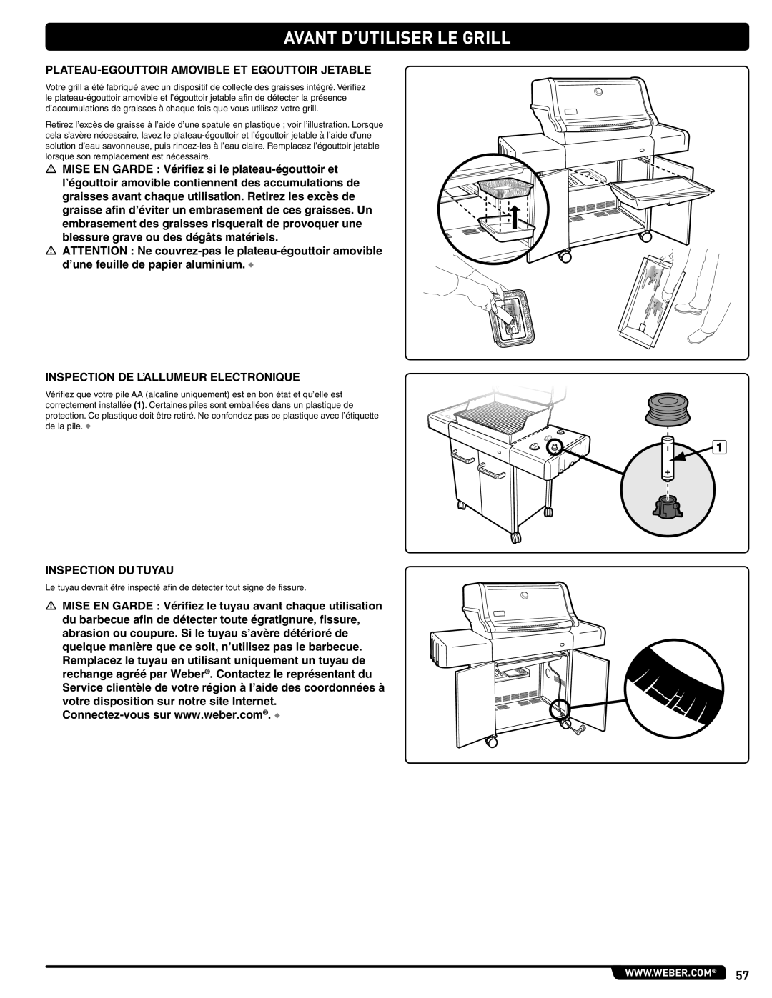 Weber 89962 manual Avant D’UTILISER LE Grill, PLATEAU-EGOUTTOIR Amovible ET Egouttoir Jetable, Inspection DU Tuyau 