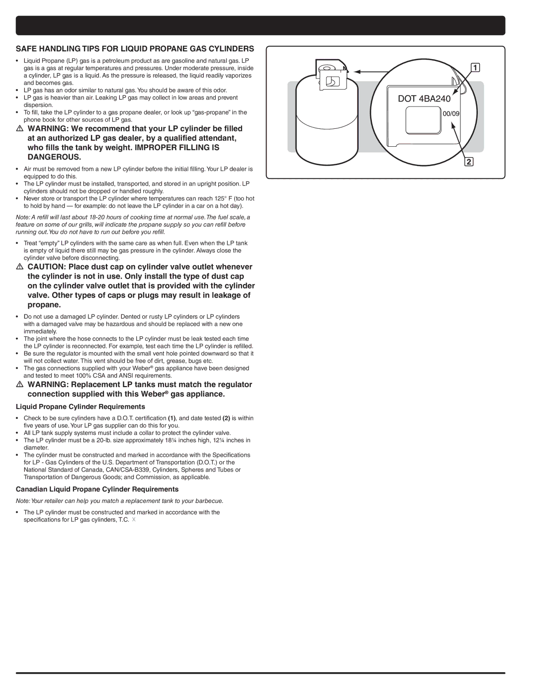 Weber 89962 GAS Instructions, Safe Handling Tips for Liquid Propane GAS Cylinders, Liquid Propane Cylinder Requirements 