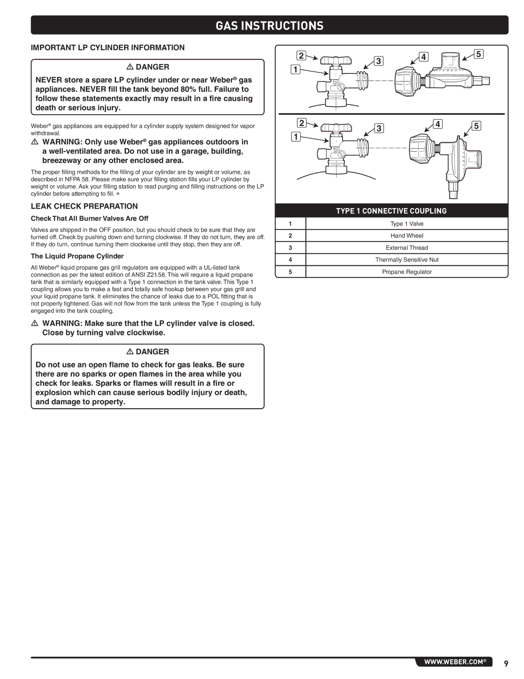 Weber 89962 manual Important LP Cylinder Information, Leak Check Preparation, Check That All Burner Valves Are Off 