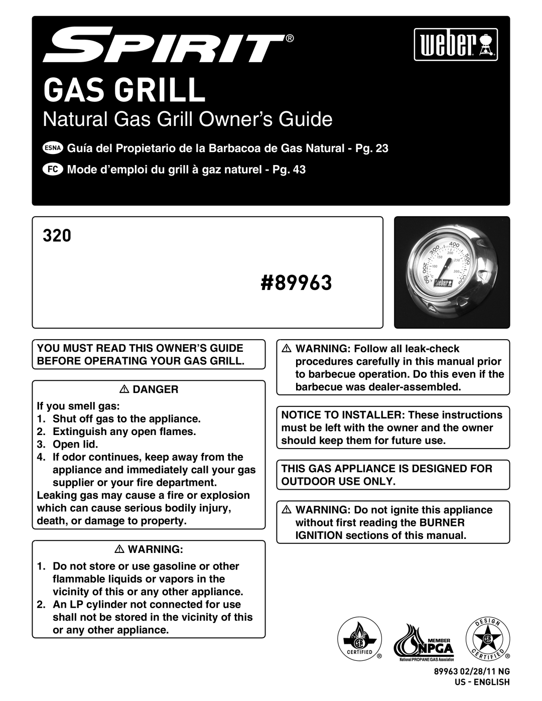 Weber 89963 manual Gas Grill 