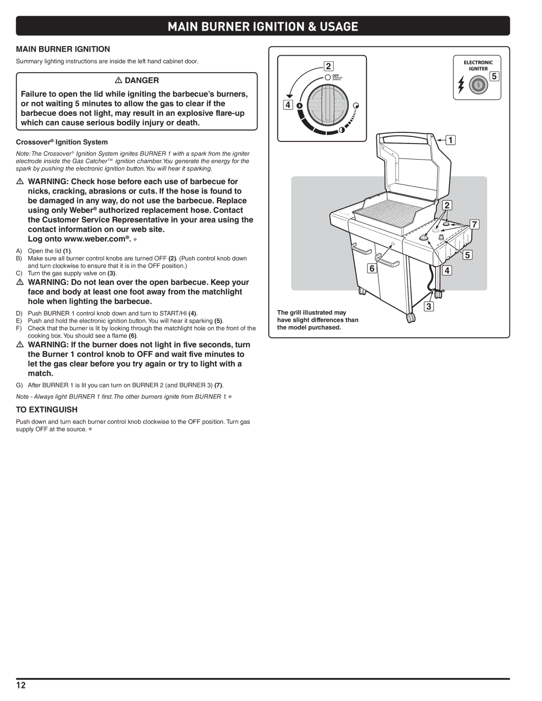 Weber 89963 manual Main Burner Ignition & Usage, To Extinguish, Crossover Ignition System 