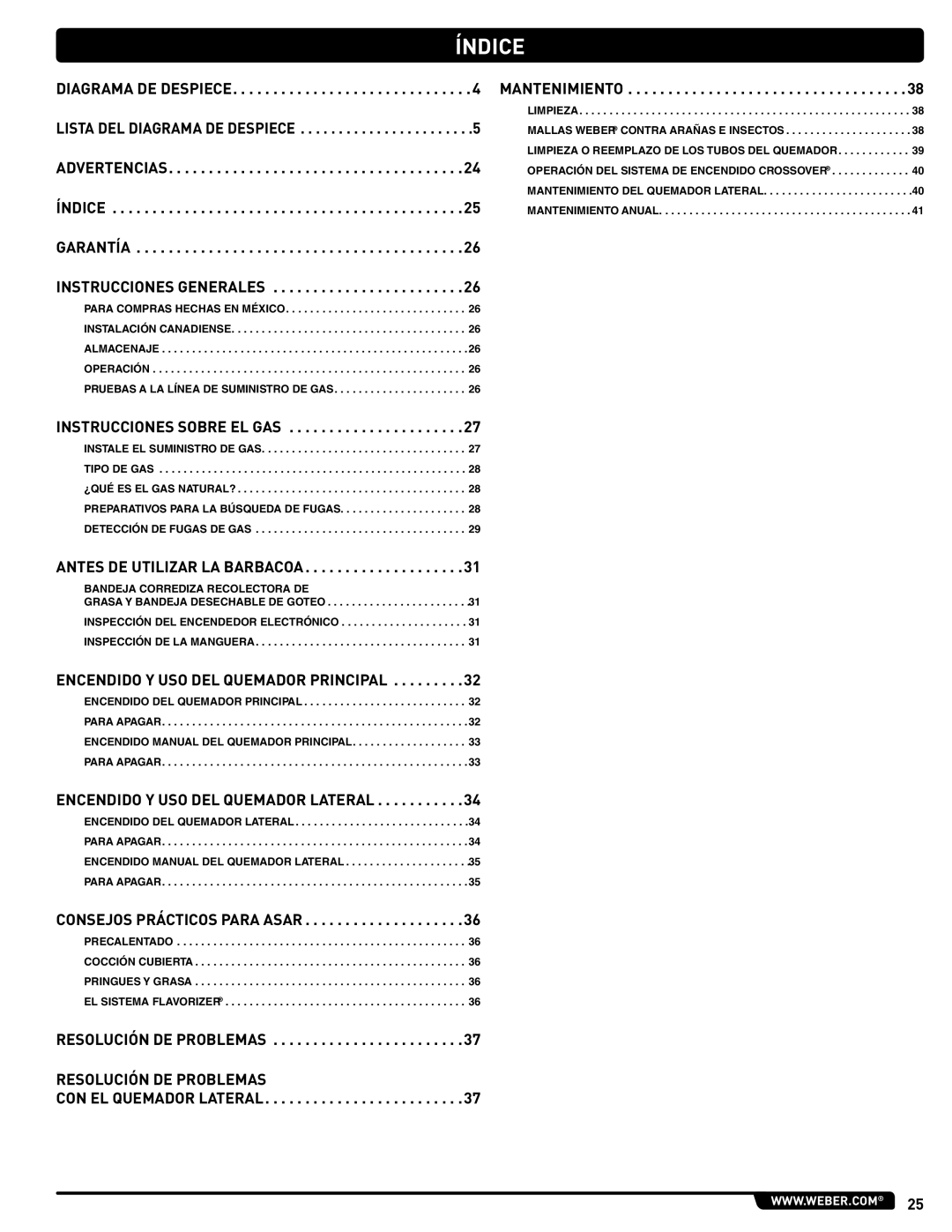 Weber 89963 manual Índice, Instrucciones Sobre EL GAS 