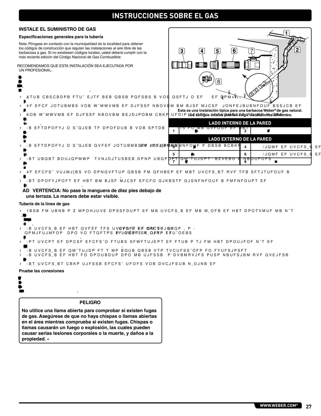 Weber 89963 manual Instrucciones Sobre EL GAS, Instale EL Suministro DE GAS, Especificaciones generales para la tubería 